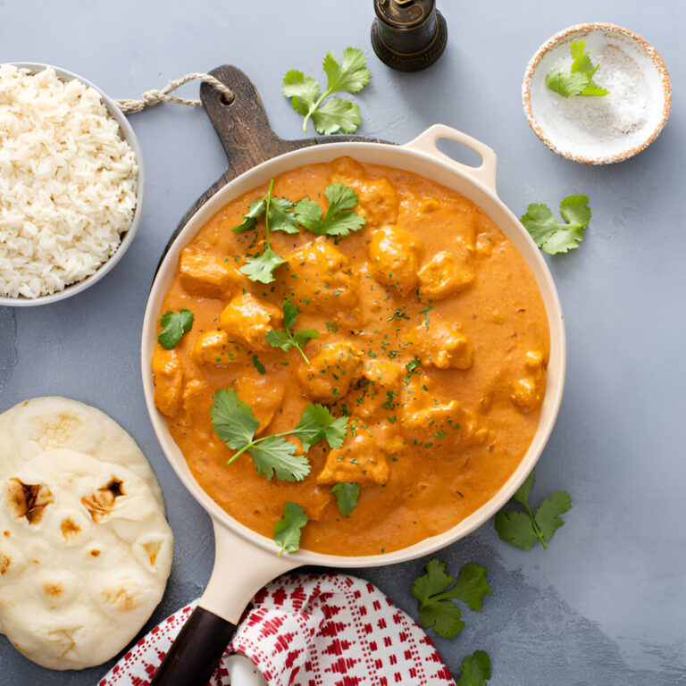 A bowl of creamy orange chicken curry topped with fresh cilantro, served with rice and naan bread on a gray surface.