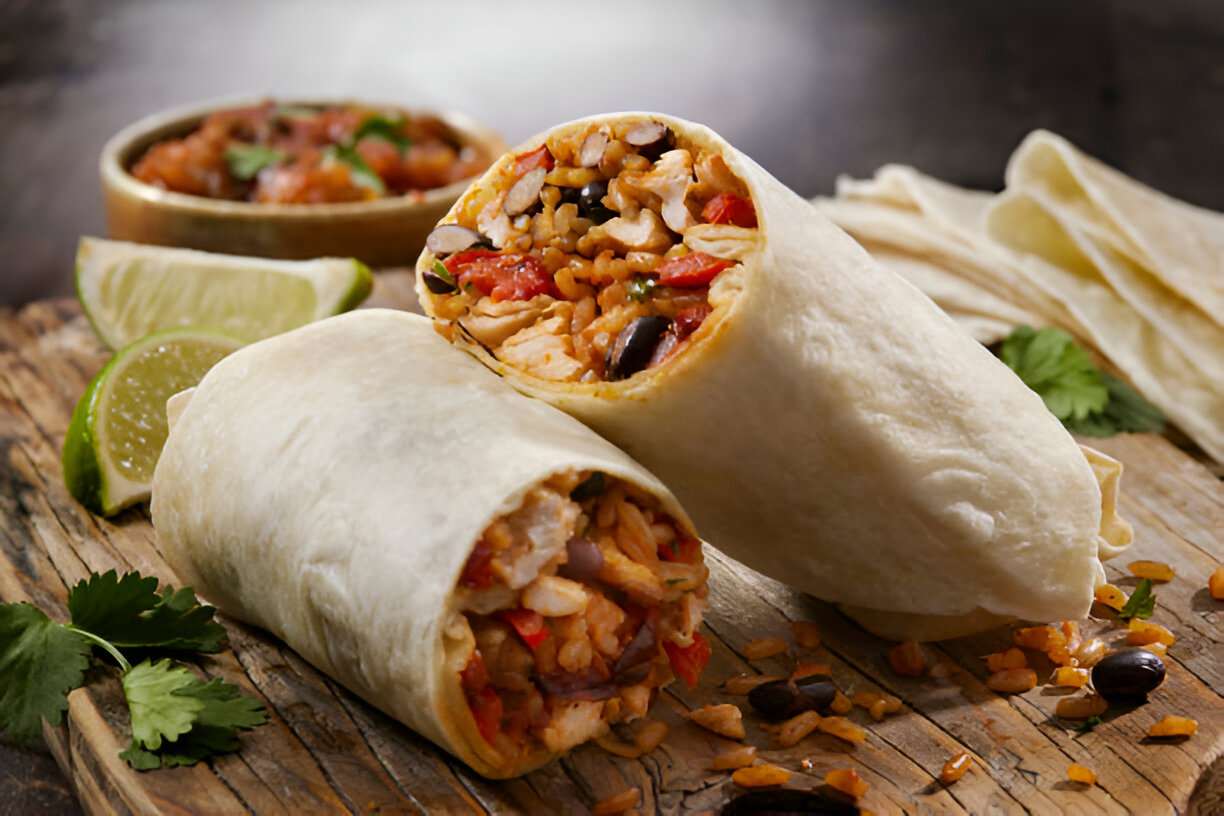 Two delicious burritos filled with rice, beans, and vegetables on a wooden cutting board with lime wedges.
