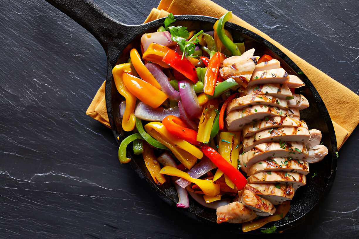 Sizzling chicken fajitas with colorful peppers and onions in a cast iron skillet.