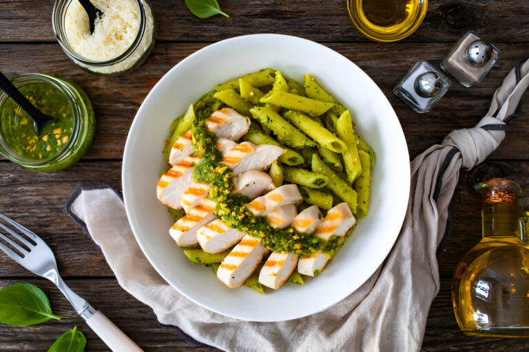 A bowl of penne pasta with pesto and sliced grilled chicken, garnished with a green sauce