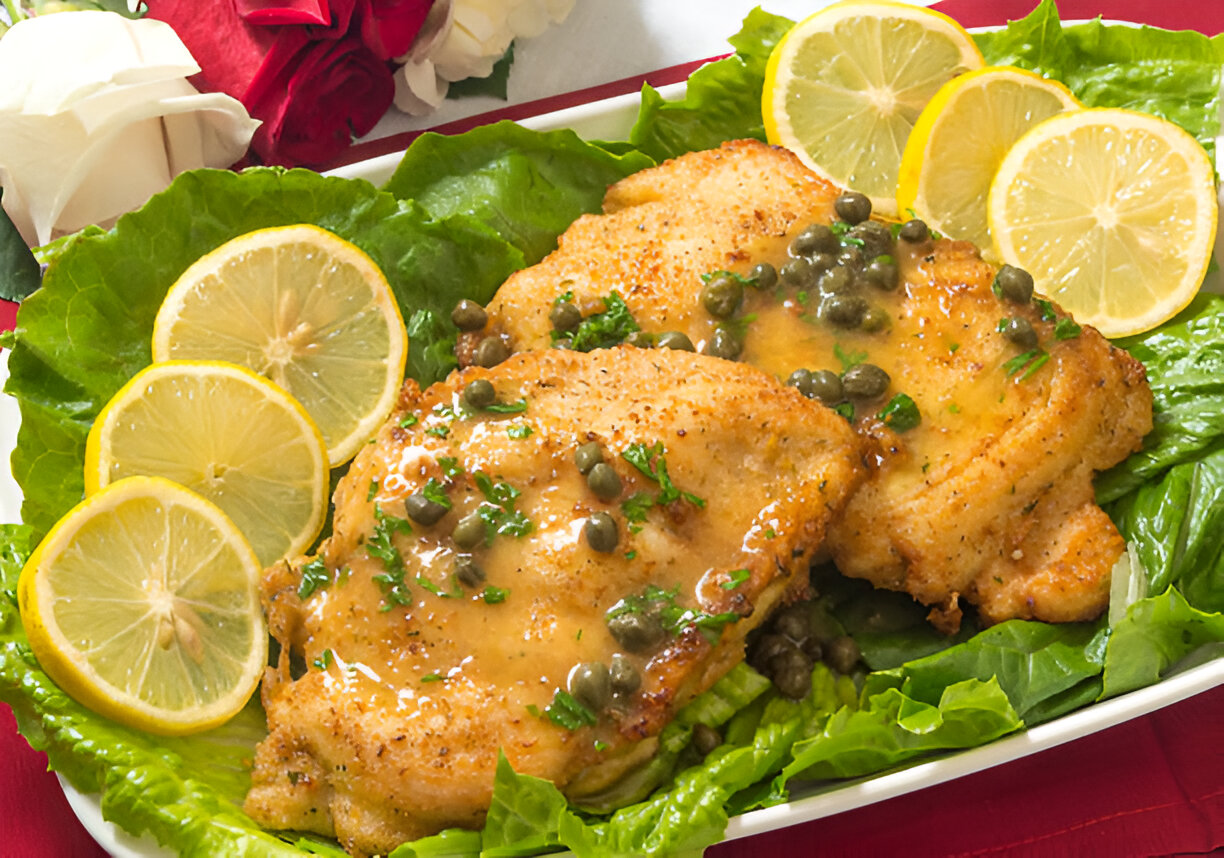 Plated chicken piccata garnished with capers and lemon slices on a bed of lettuce.