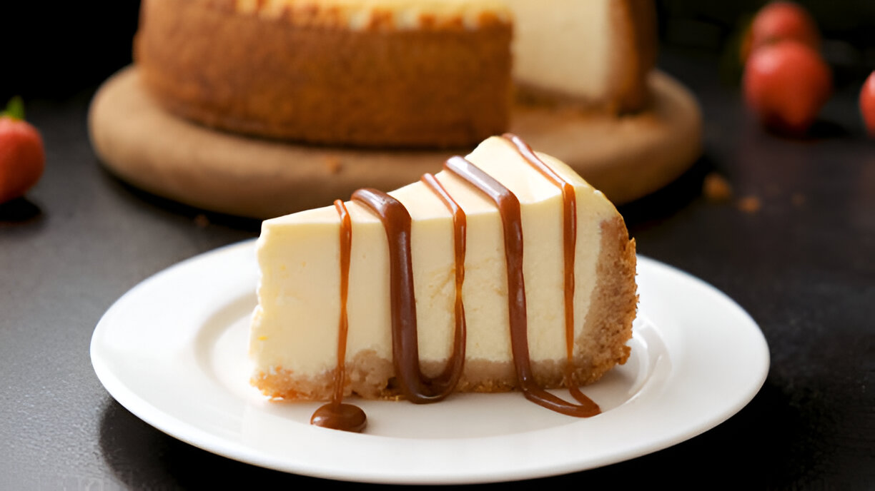 A slice of cheesecake drizzled with caramel sauce on a white plate, with a whole cheesecake in the background.