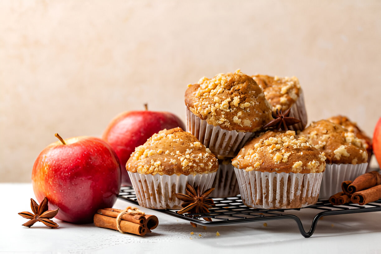A close-up view of freshly baked muffins topped with a crumbly topping, placed on a wire rack beside red apples and cinnamon sticks.