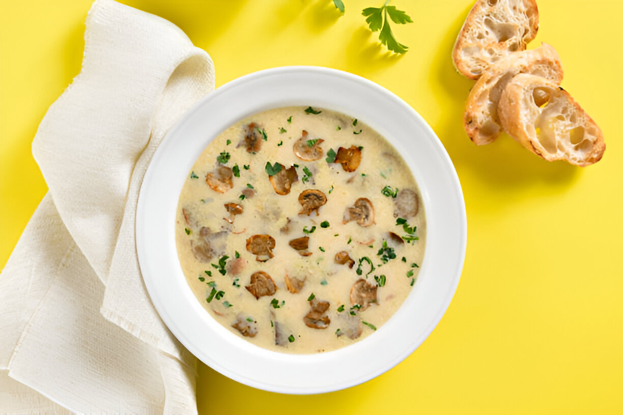 A bowl of creamy mushroom soup garnished with herbs, alongside crispy bread on a bright yellow background.