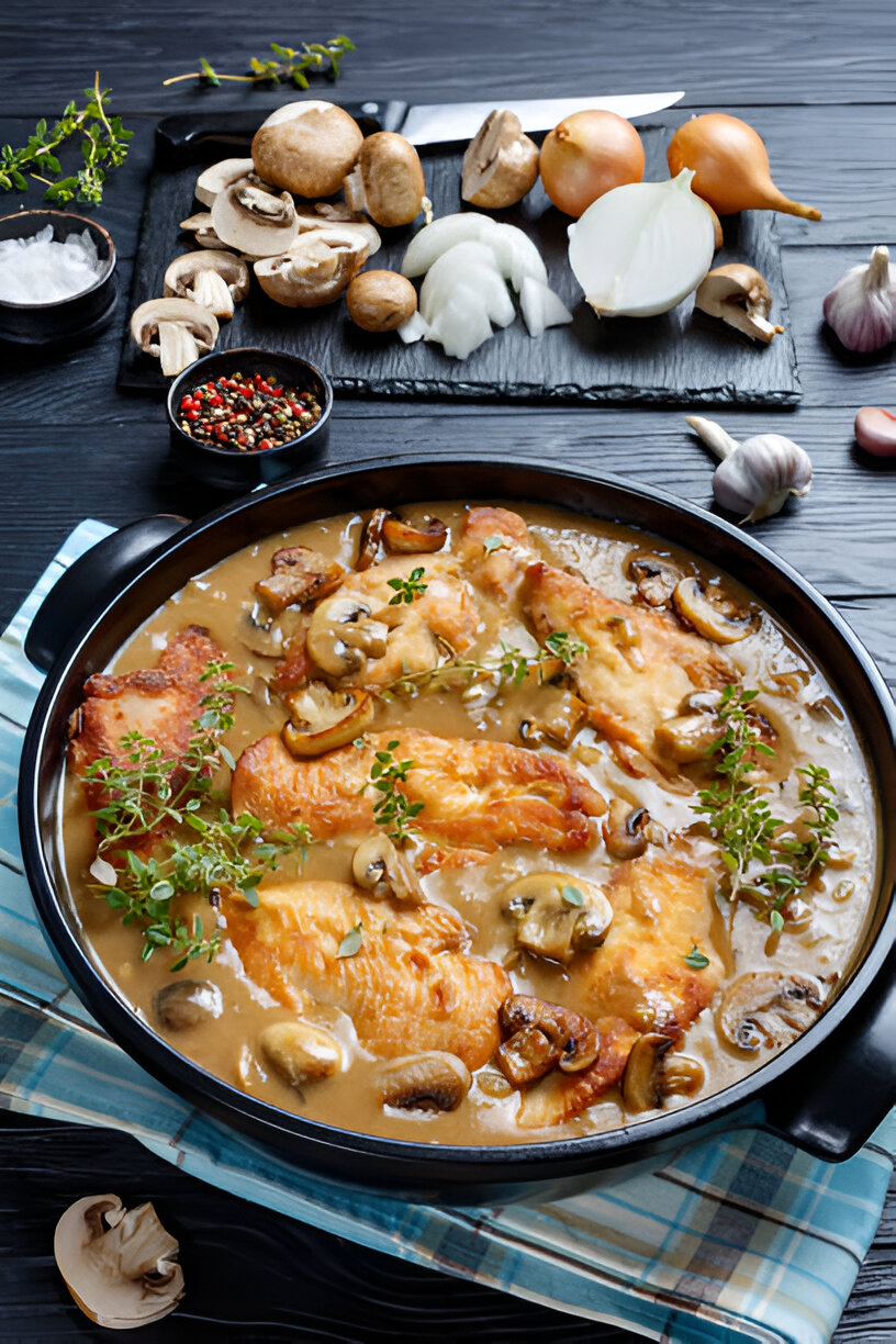 A delicious chicken dish with mushrooms and herbs in a black pot, garnished with thyme, on a wooden surface.
