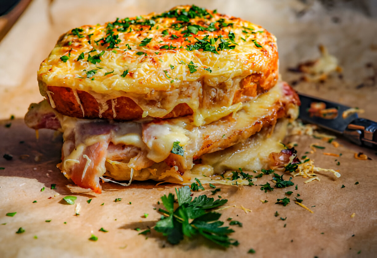 A deliciously stacked grilled cheese sandwich with melted cheese and chopped parsley on top, set on a parchment paper.
