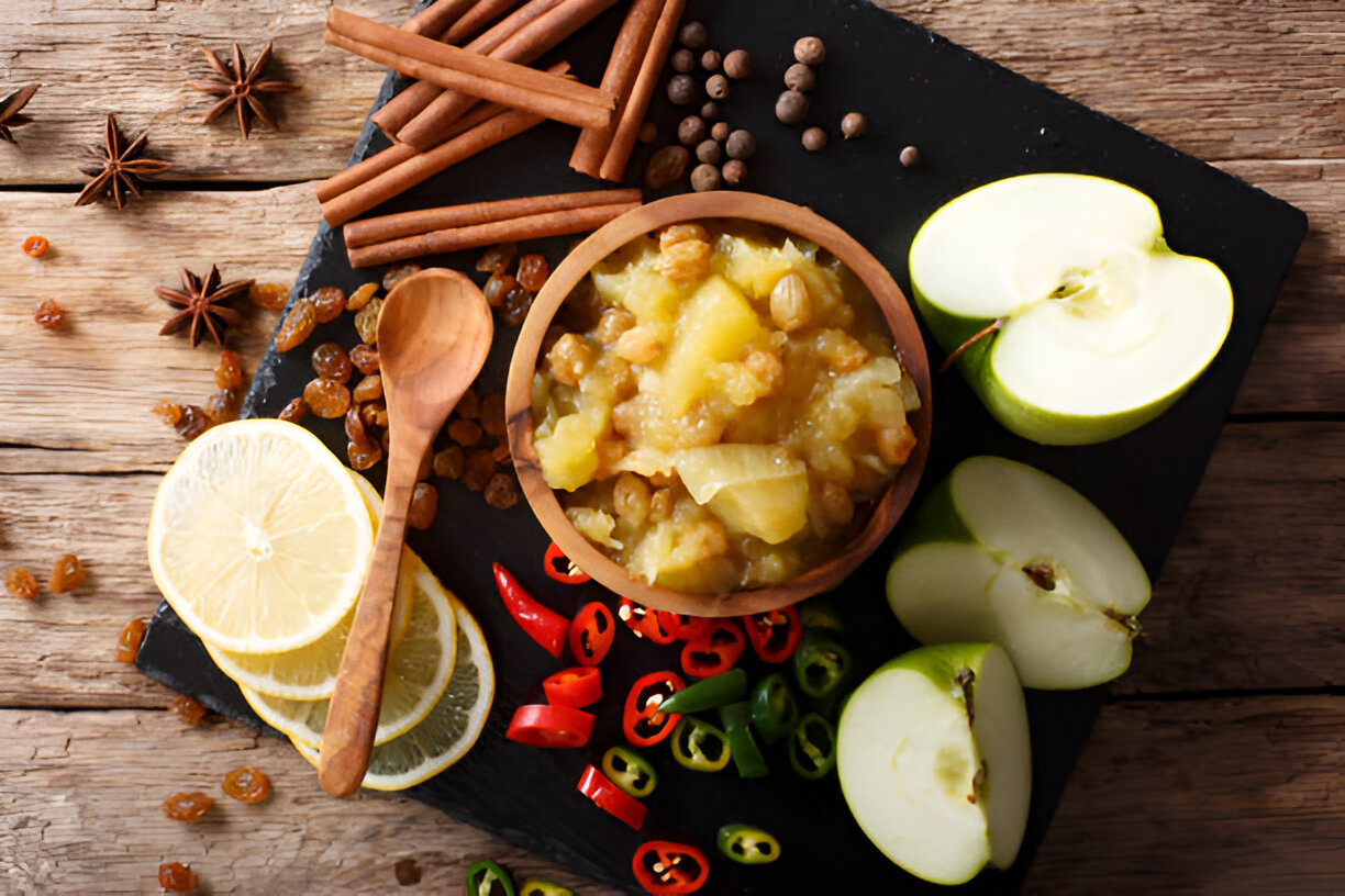 A wooden bowl filled with fruit chutney surrounded by fresh ingredients including apples, lemon slices, and colorful spices on a black slate surface.