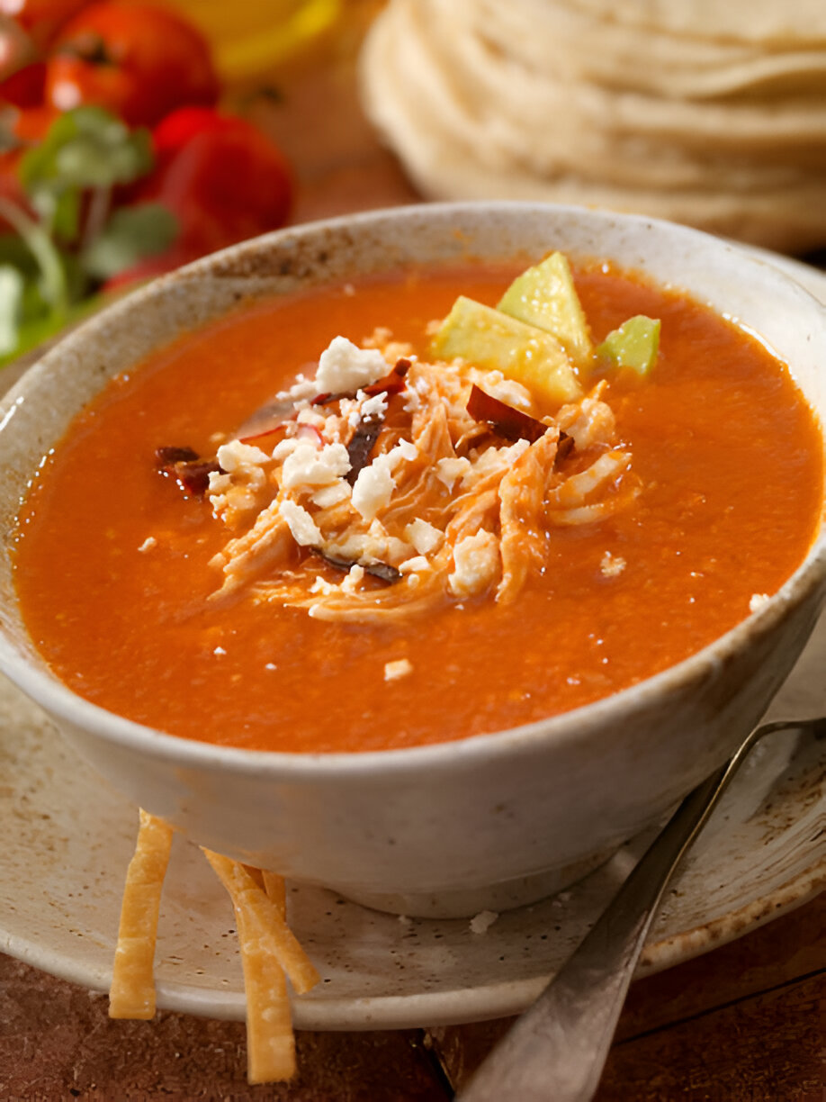 A bowl of flavorful soup topped with shredded chicken, cheese, diced avocado, and crispy tortilla strips, surrounded by fresh ingredients.