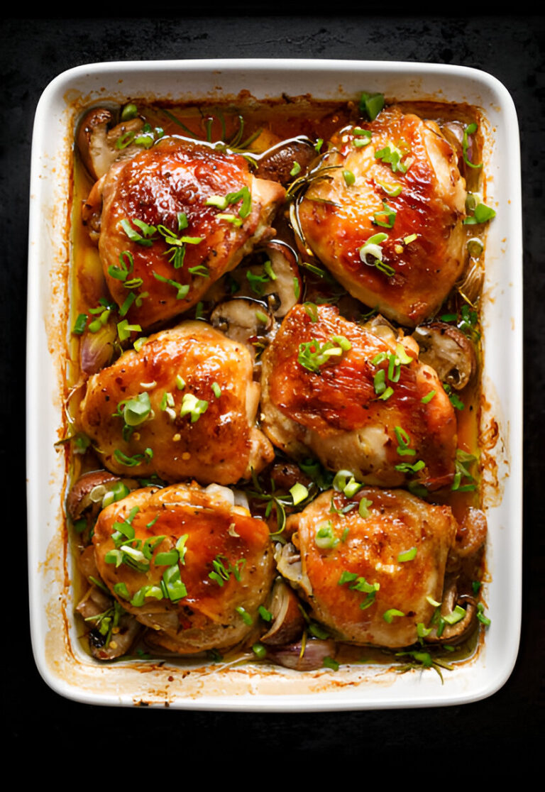 A white baking dish filled with succulent roasted chicken thighs topped with green onions, sitting on a dark surface.
