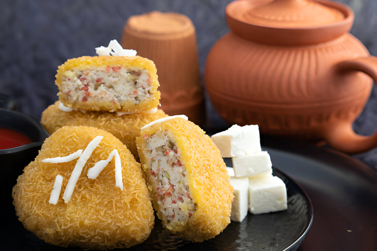 A plate with three golden, crispy snacks, two of which are cut in half showing a seasoned filling, alongside cubes of white cheese and a small bowl of red sauce.