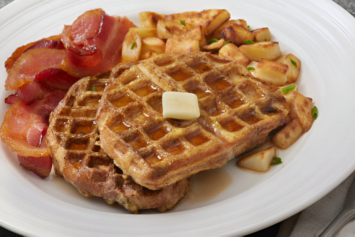 A delicious plate of waffles topped with butter and syrup, served alongside crispy bacon and golden brown potatoes.