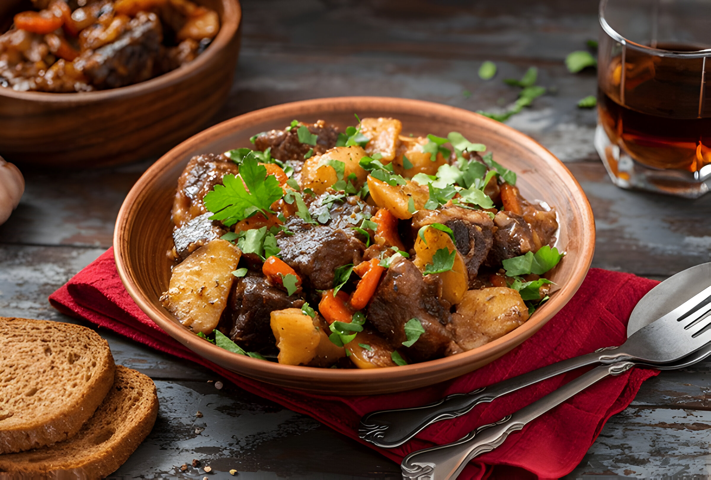 A bowl of hearty beef stew with potatoes and carrots, garnished with fresh cilantro, served on a rustic tabletop.