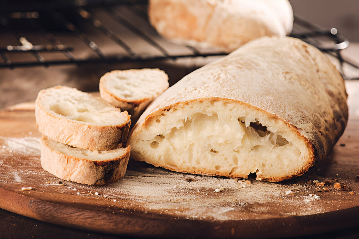 Freshly baked bread on a wooden cutting board with slices cut beside it.