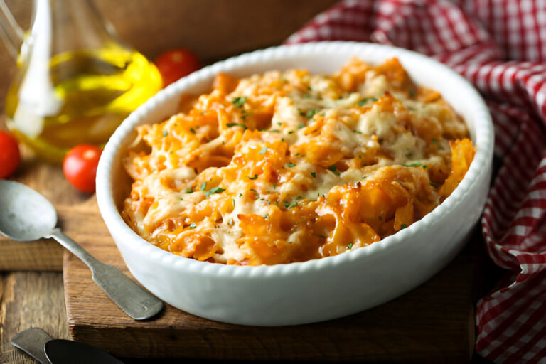 A delicious serving of baked pasta topped with melted cheese and herbs in a white dish, placed on a wooden surface.