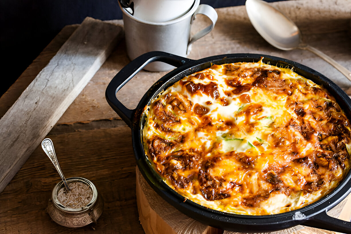 A delicious casserole dish with melted cheese and layers of ingredients, served in a black cast iron pot.