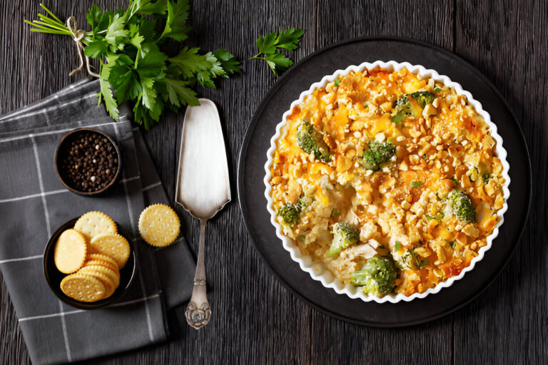 A baked dish with broccoli and a golden crunchy topping, garnished with parsley, served on a dark plate next to crackers and a serving utensil.