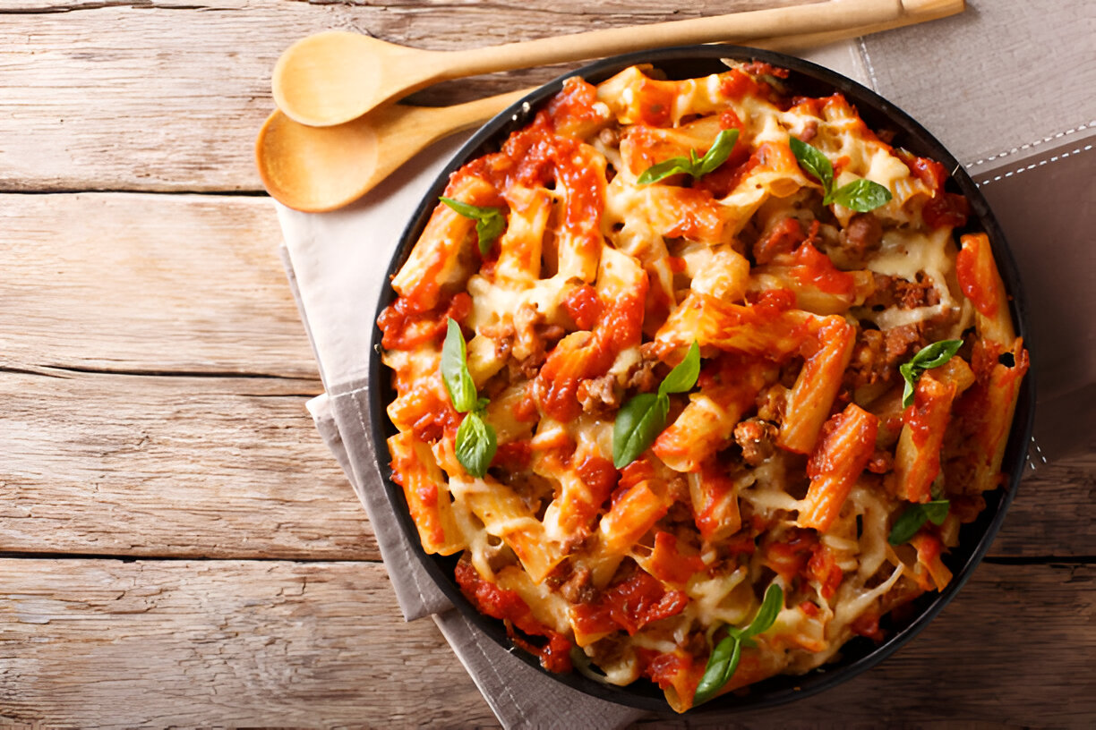 A delicious pasta dish with rigatoni, meat, marinara sauce, and fresh basil in a black bowl.