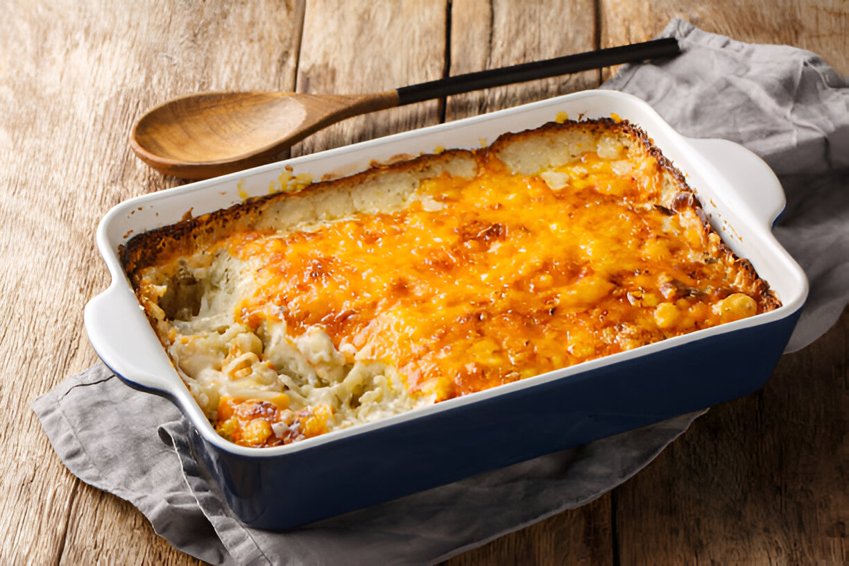 A delicious casserole dish with a golden cheese topping served on a wooden table.