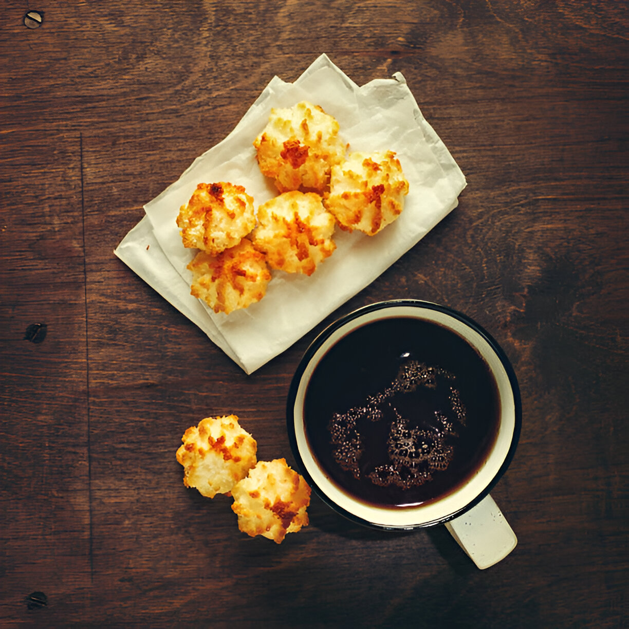 A rustic wooden table with a cup of black coffee and several golden, baked snacks arranged on a white napkin.