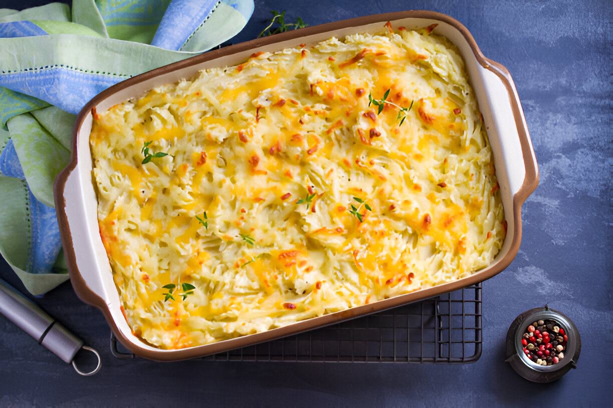 A baked casserole with golden melted cheese on top, garnished with fresh herbs, placed on a wire rack, with a colorful linen and a spice grinder nearby.