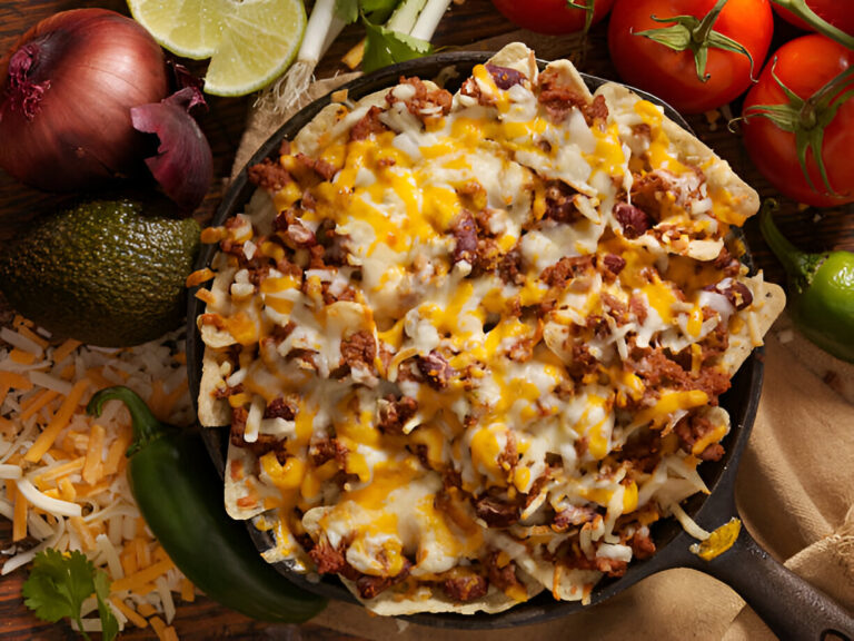 A cast iron skillet filled with cheesy nachos topped with ground meat, garnished with fresh ingredients.
