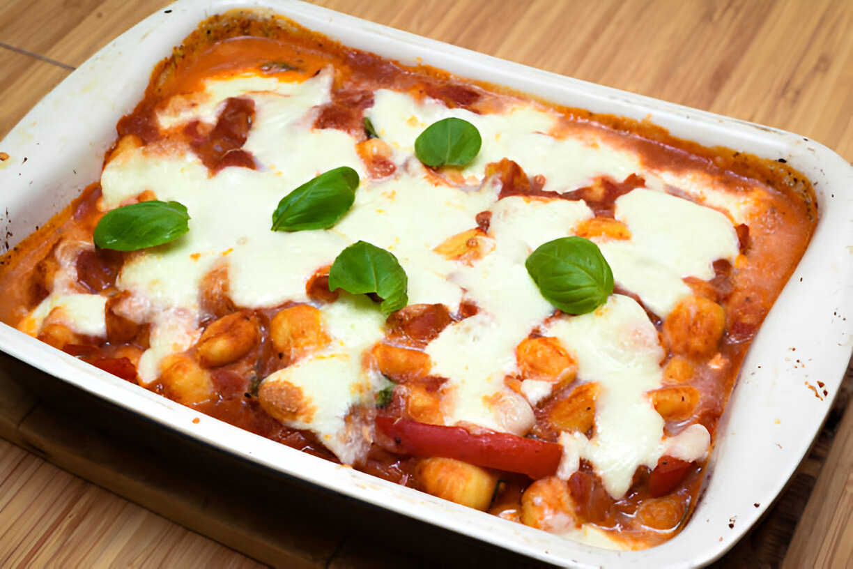 A baked dish of gnocchi topped with melted mozzarella cheese and fresh basil leaves in a ceramic serving dish.