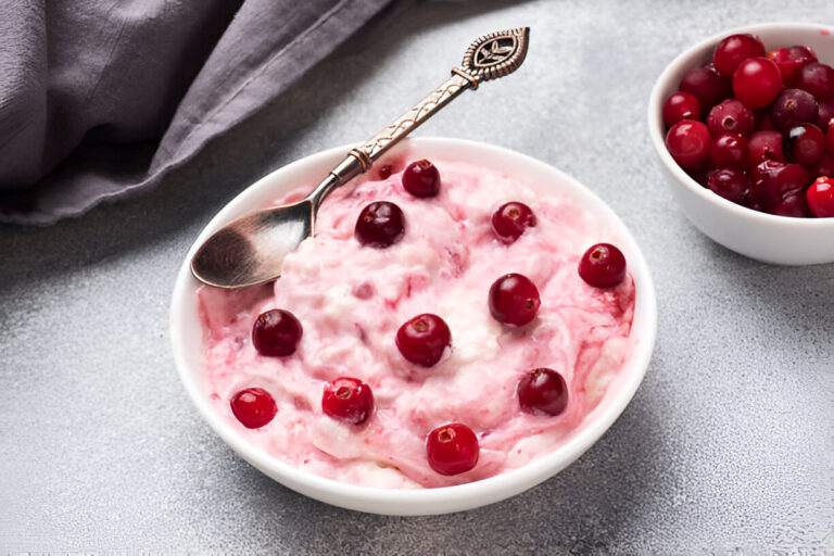 A bowl of creamy pink dessert topped with fresh red berries, alongside a smaller bowl of more berries and a silver spoon.