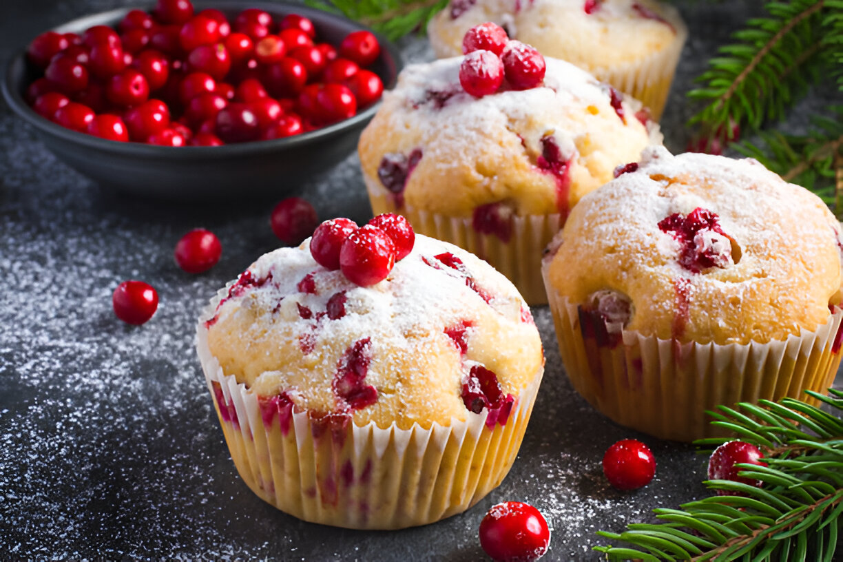 Freshly baked cranberry muffins sprinkled with powdered sugar, surrounded by cranberries and pine leaves.