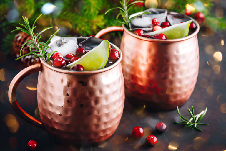 Two copper mugs filled with a festive drink, garnished with lime, cranberries, and rosemary.
