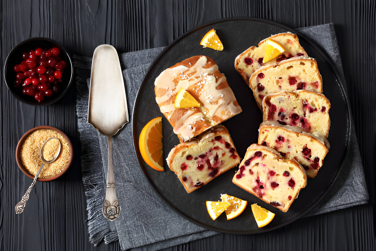 A plate of sliced sweet bread with cranberries and a drizzle of icing, garnished with orange slices and served with fresh cranberries and brown sugar.