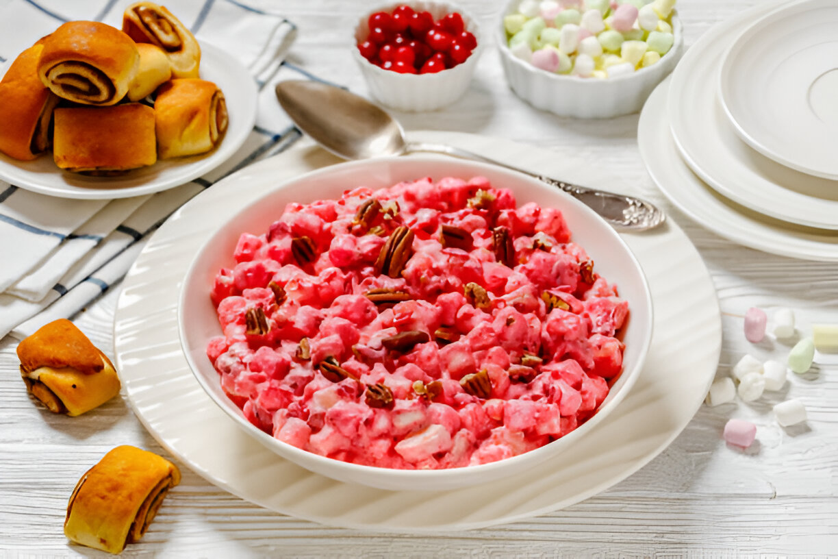 A colorful bowl of pink dessert salad mixed with pecans, accompanied by cinnamon rolls and small bowls of cherries and marshmallows.