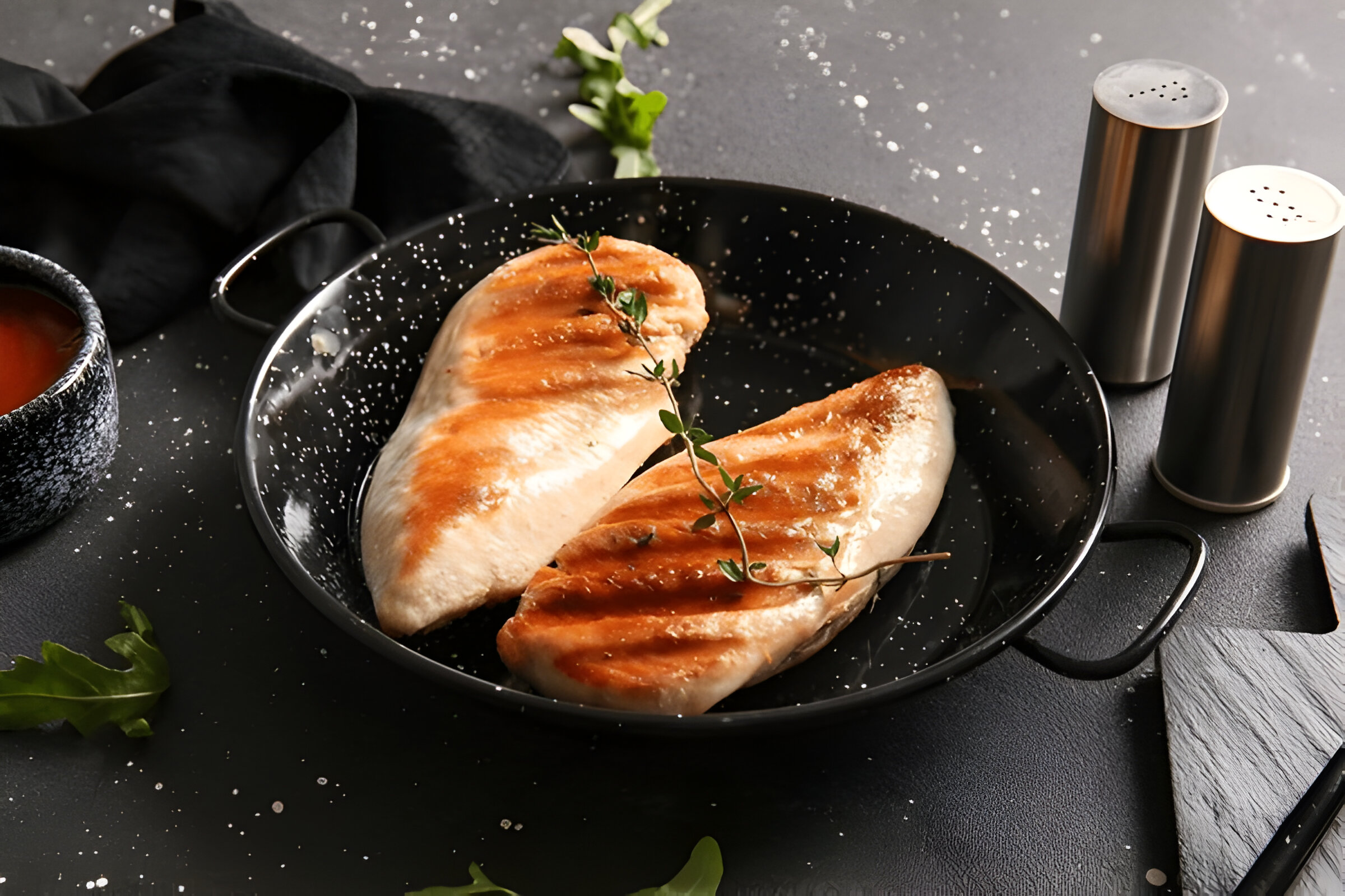 Two grilled chicken breasts garnished with thyme in a black pan.