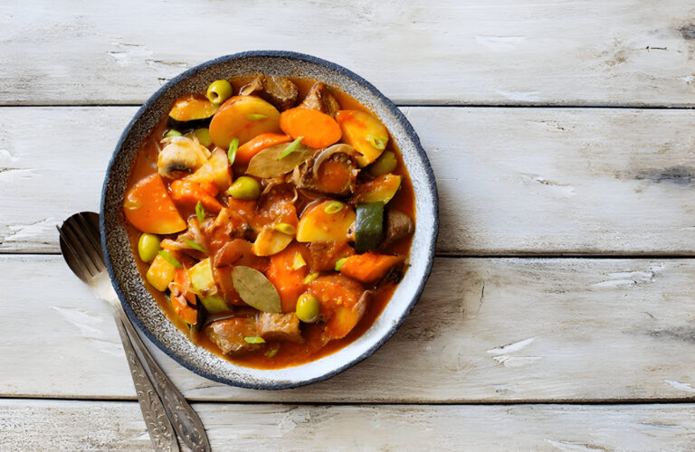 A bowl of colorful vegetable stew featuring slices of carrots, potatoes, and green olives on a wooden table.