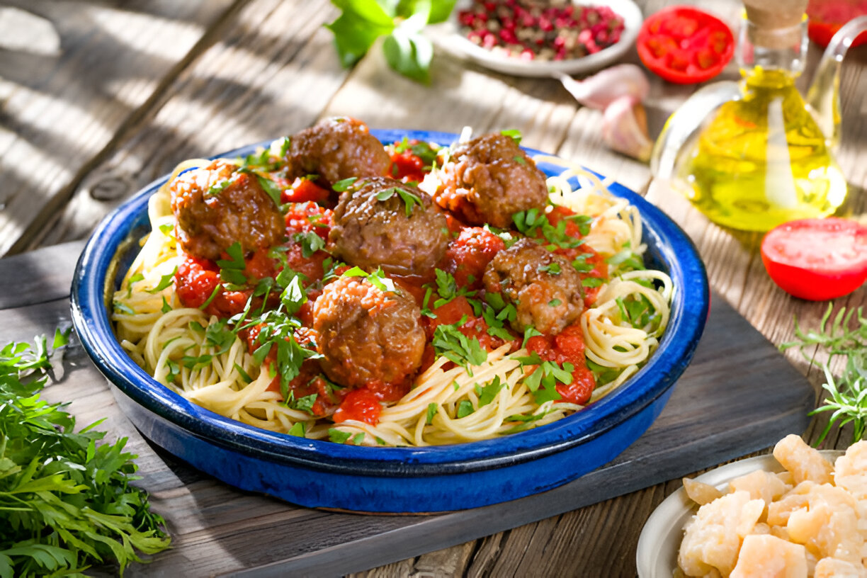A plate of spaghetti topped with meatballs and garnished with parsley, with a wooden surface in the background.