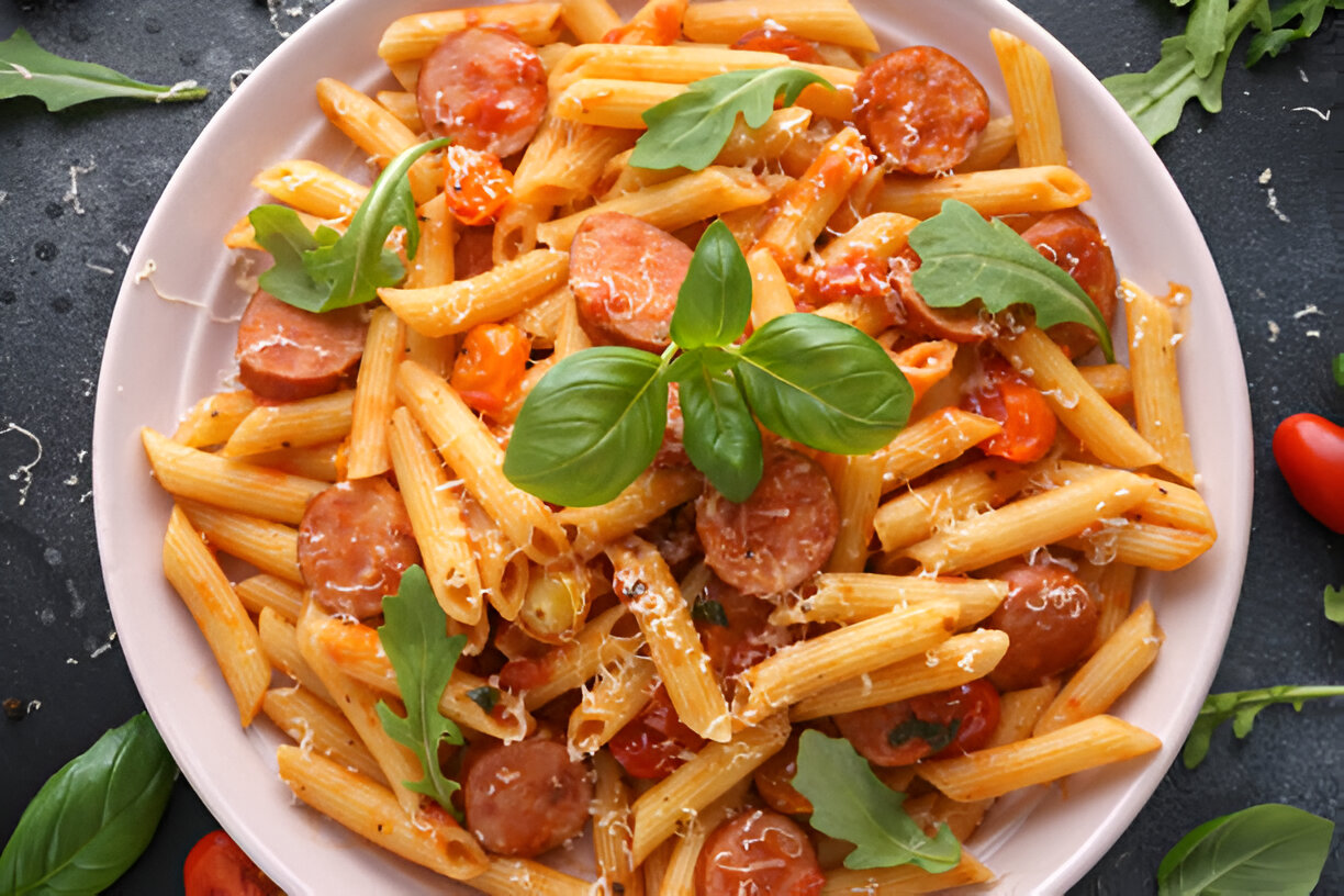 A plate of pasta with sausage, cherry tomatoes, and fresh basil garnishing on top.