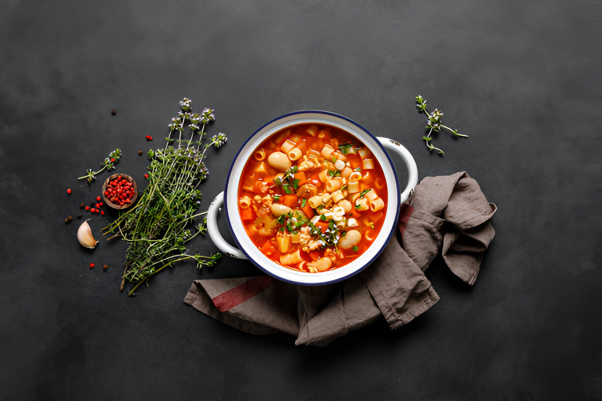 A pot of colorful soup with pasta and vegetables, surrounded by fresh herbs and spices on a dark tabletop.