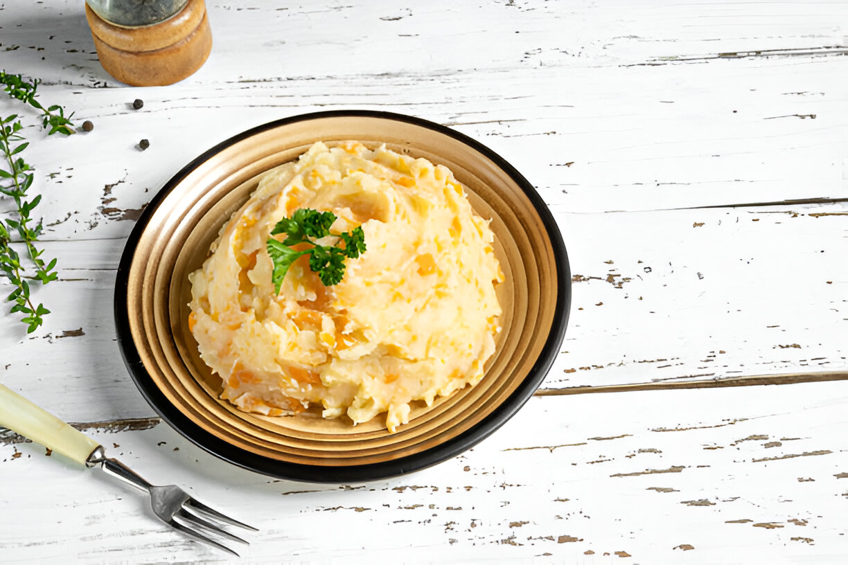 A creamy serving of mashed potatoes garnished with a sprig of parsley on a brown plate, accompanied by a fork, placed on a rustic wooden table.