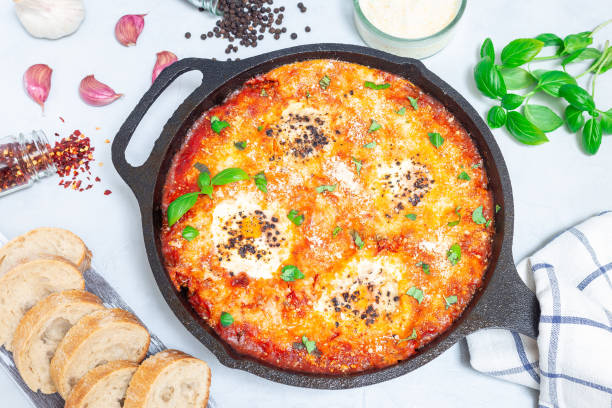 A delicious baked dish in a cast iron skillet, featuring melted cheese and garnished with fresh basil, alongside slices of bread and seasonings.