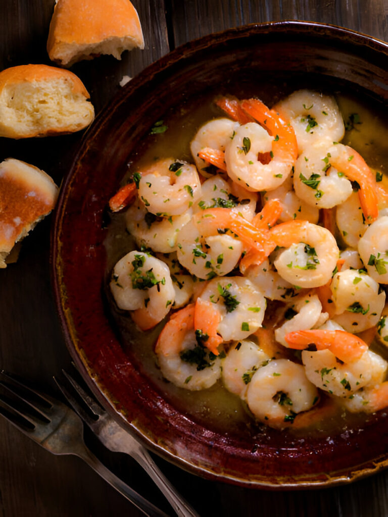 A plate of garlic butter shrimp garnished with herbs, accompanied by pieces of bread.