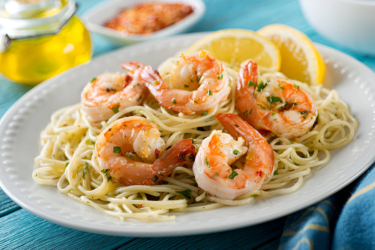 A plate of garlic shrimp pasta with lemon slices and a drizzle of olive oil