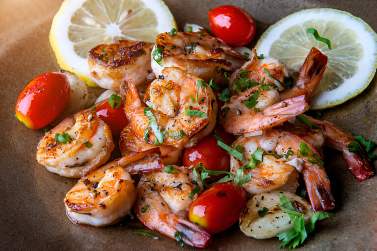 A delicious plate of grilled shrimp garnished with fresh herbs, cherry tomatoes, and lemon slices on a brown plate.