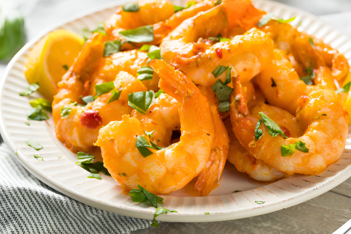 A plate of seasoned shrimp garnished with herbs and lemon wedges