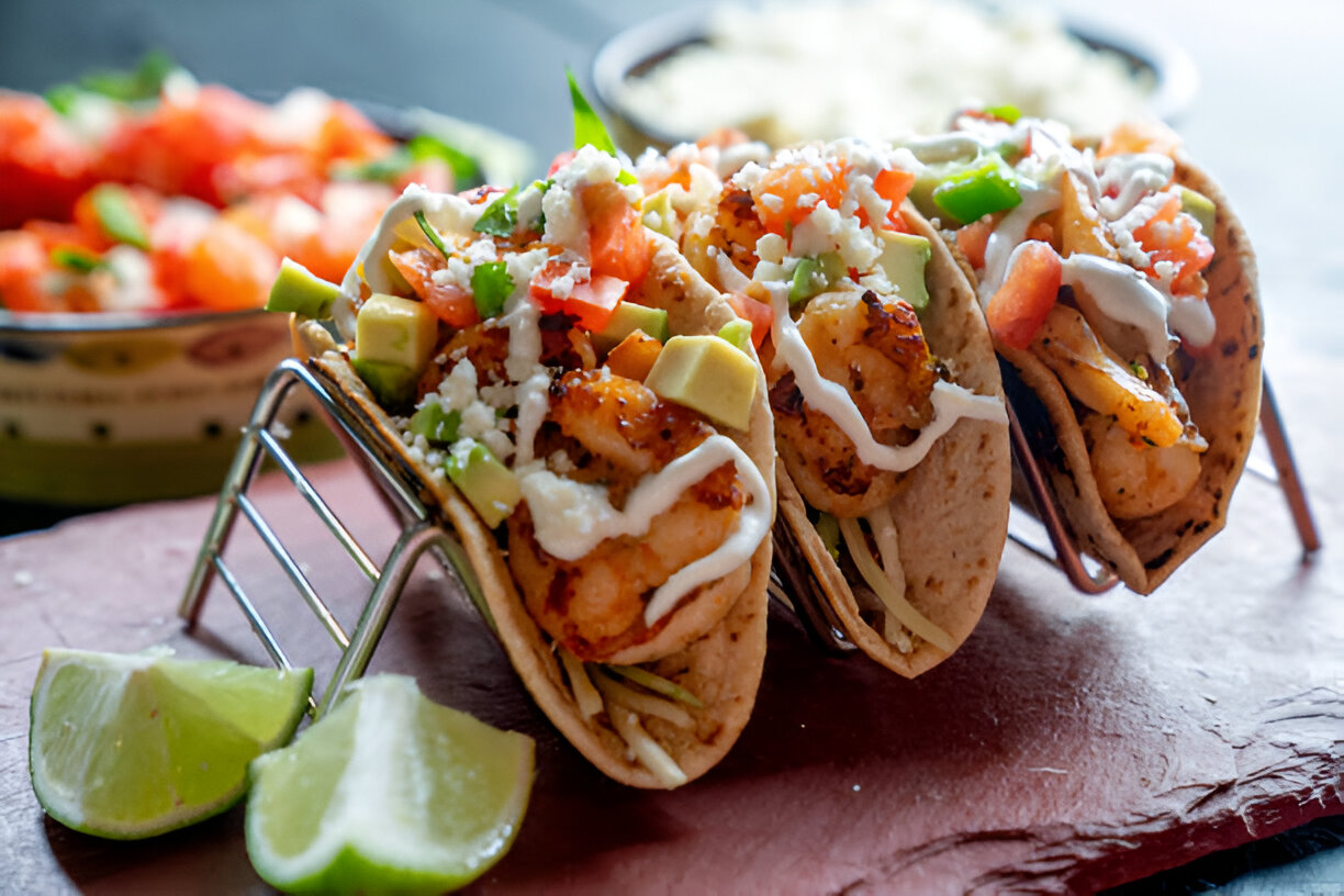 Three shrimp tacos topped with fresh vegetables and sauce, served with lime wedges.