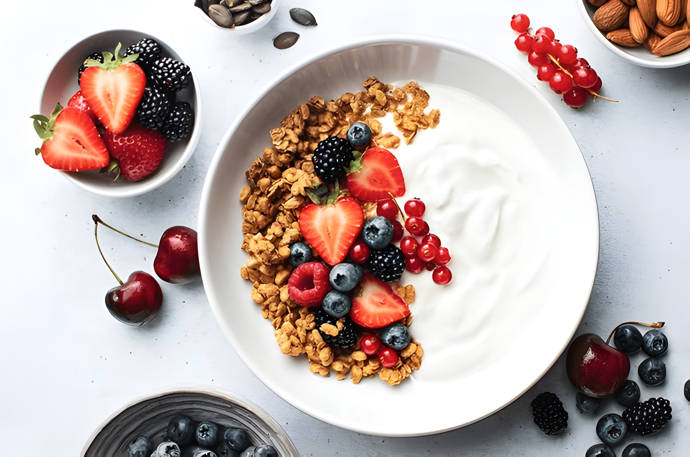 A vibrant bowl of yogurt topped with granola, fresh strawberries, blueberries, blackberries, raspberries, and red currants, with cherries and nuts nearby.