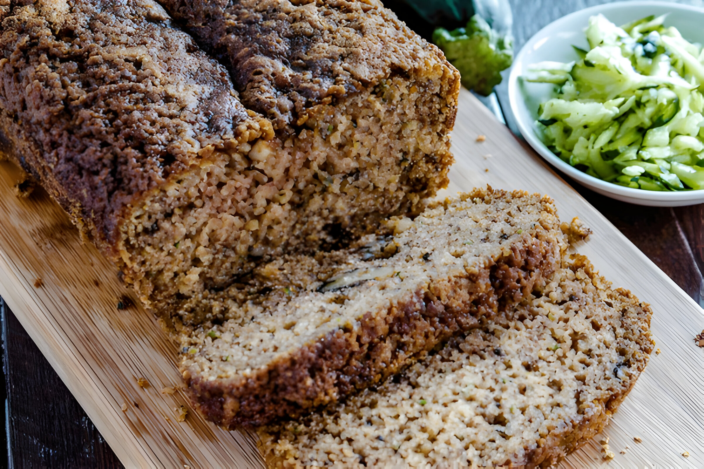 Sliced loaf of bread on a wooden cutting board alongside a small bowl of shredded cucumber.