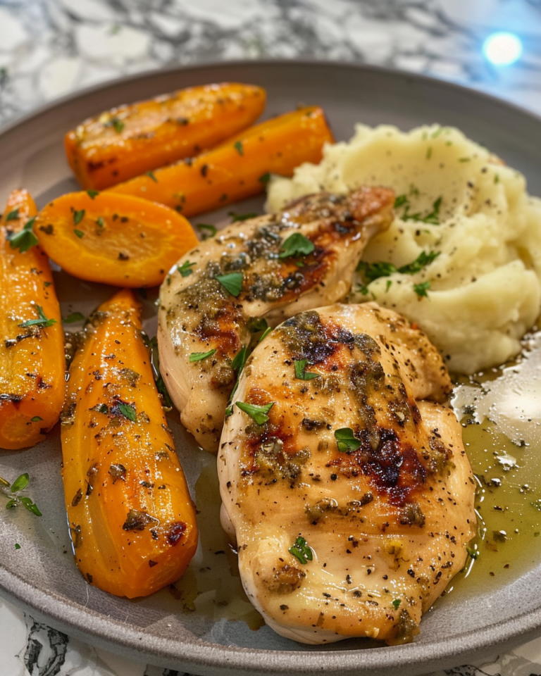 Creamy Herb Chicken with Mashed Potatoes and Glazed Carrots taken with iphone 15 pro max --iw 2 --ar 4:5 --v 6.0 --raw