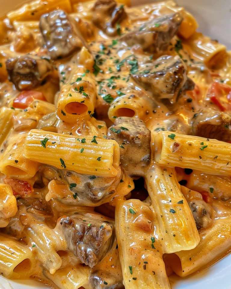 Creamy Steak Pasta taken with iphone 15 pro max --iw 2 --ar 4:5 --v 6.0 --raw
