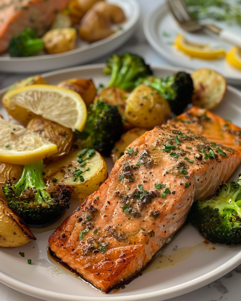 Lemon Butter Salmon with Crispy Potatoes and Broccoli taken with iphone 15 pro max --iw 2 --ar 4:5 --v 6.0 --raw