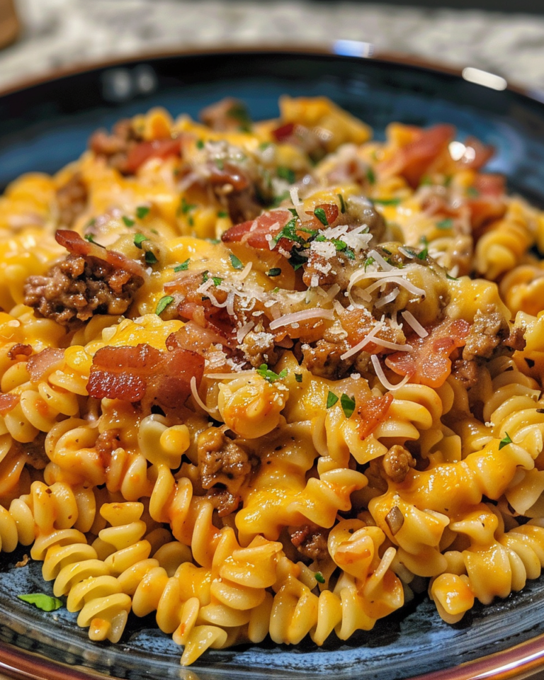 Loaded Bacon Cheeseburger Pasta taken with iphone 15 pro max --iw 2 --ar 4:5 --v 6.0 --raw